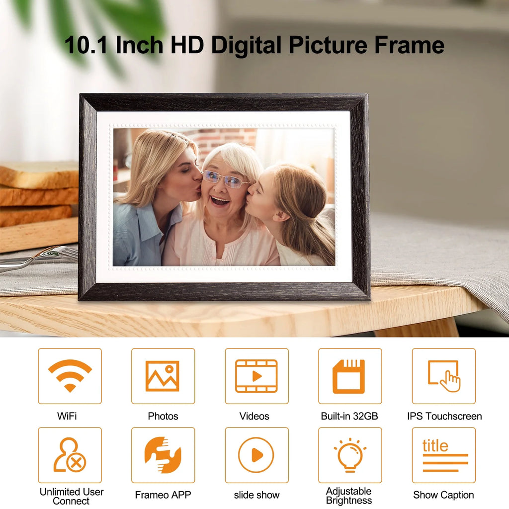 10.1 Inch Digital Picture Frame 32GB Memory Wood Wifi Smart Frameo Digital Frame IPS Touch Screen Share Photos and Videos Supports Micro SD Card Gifts