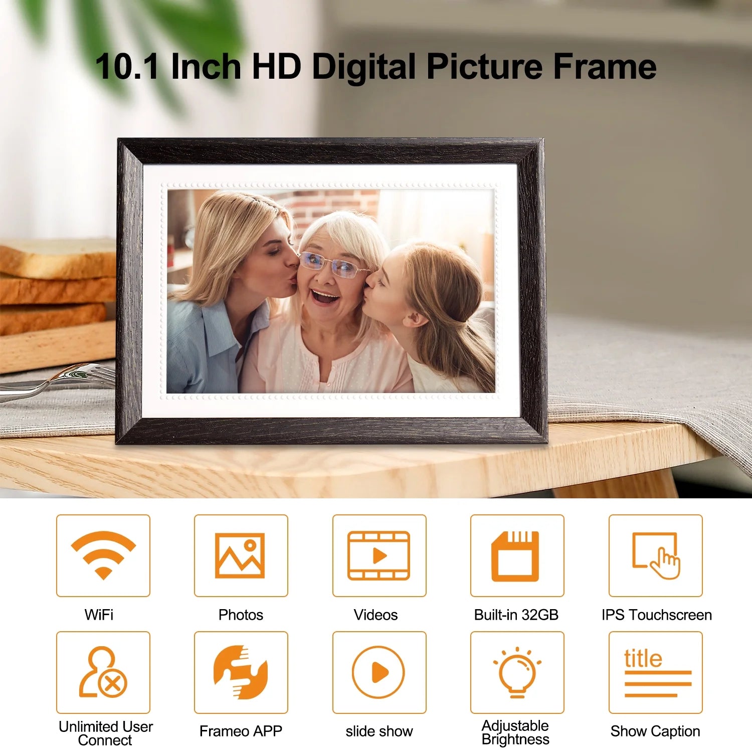 10.1 Inch Digital Picture Frame 32GB Memory Wood Wifi Smart Frameo Digital Frame IPS Touch Screen Share Photos and Videos Supports Micro SD Card Gifts