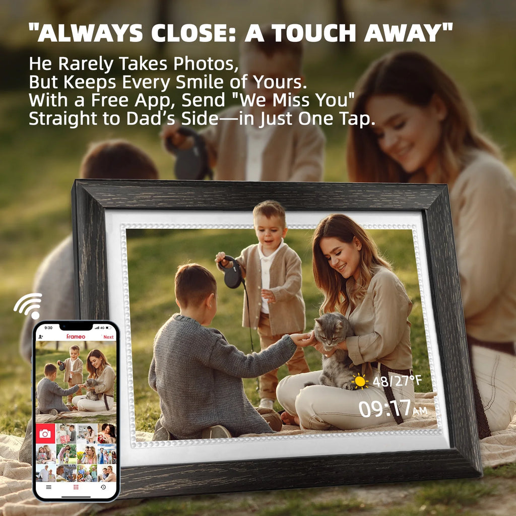 10.1 Inch Digital Picture Frame 32GB Memory Wood Wifi Smart Frameo Digital Frame IPS Touch Screen Share Photos and Videos Supports Micro SD Card Gifts