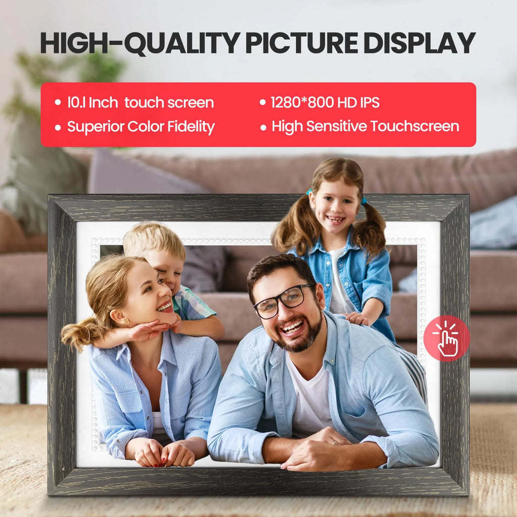 10.1 Inch Digital Picture Frame 32GB Memory Wood Wifi Smart Frameo Digital Frame IPS Touch Screen Share Photos and Videos Supports Micro SD Card Gifts