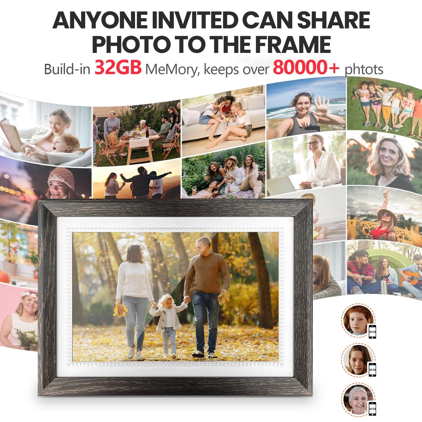 10.1 Inch Digital Picture Frame 32GB Memory Wood Wifi Smart Frameo Digital Frame IPS Touch Screen Share Photos and Videos Supports Micro SD Card Gifts